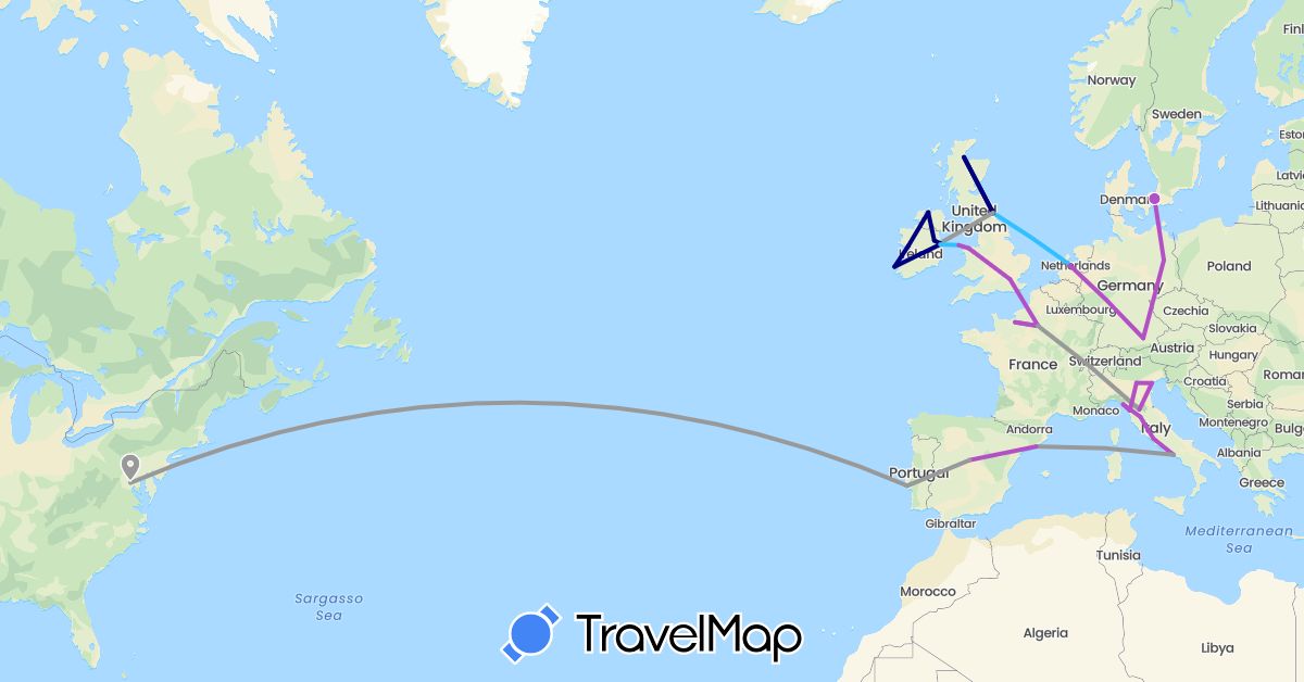 TravelMap itinerary: driving, plane, train, boat in Germany, Denmark, Spain, France, United Kingdom, Ireland, Italy, Netherlands, Portugal, United States (Europe, North America)