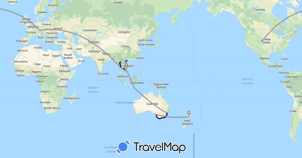 TravelMap itinerary: driving, plane in Australia, Germany, Indonesia, Cambodia, New Zealand, Thailand, United States, Vietnam (Asia, Europe, North America, Oceania)